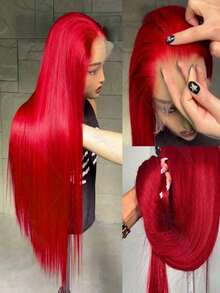 Gorgeous Red 13x4 HD Transparent Lace Front Wigs Human Hair For Women 200 Density Straight Glueless Wigs Human Hair Pre Plucked With Baby Hair Brazilian Virgin Red Colored Silky Straight Lace Frontal Wig Human Hair - 紅色 - 查看 6