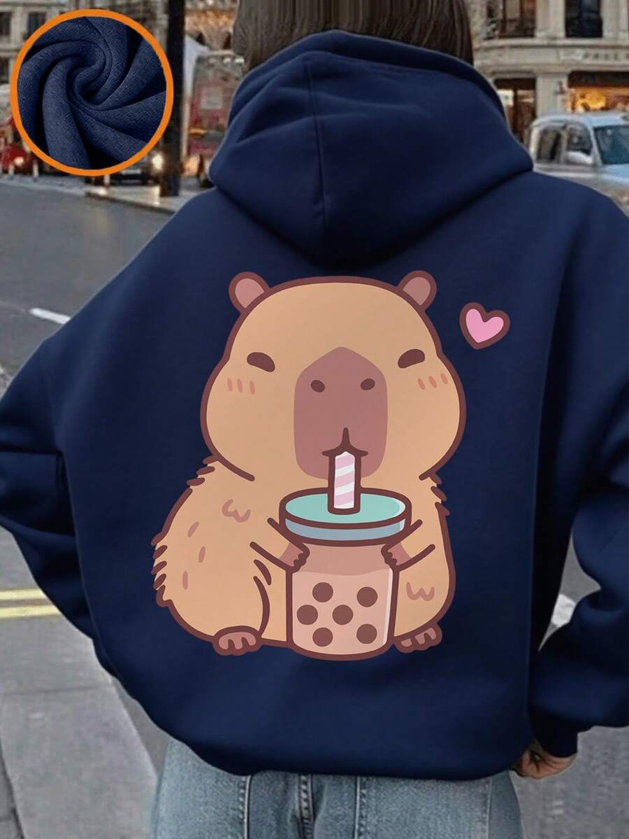 1pc Tween Girl Casual Printed Pullover Sweatshirt, Thermal Lined, Long Sleeve, Autumn/Winter - Navy Blue - View 1