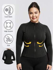 Women's Plus Size Sports Jacket, Solid Color Front Zipper Sports Jacket, Long Sleeve Casual Lightweight Jacket, Women's Casual Sports Lightweight Cardigan Jacket, Autumn/Winter - Black - View 2