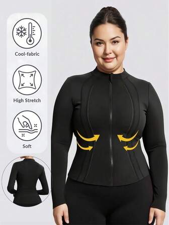 Women's Plus Size Sports Jacket, Solid Color Front Zipper Sports Jacket, Long Sleeve Casual Lightweight Jacket, Women's Casual Sports Lightweight Cardigan Jacket, Autumn/Winter