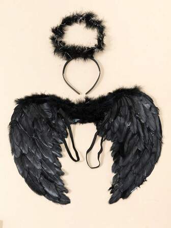 Set de 2 piezas de accesorios de disfraz de ángel de Halloween - Diadema con alas de plumas de pavo negro