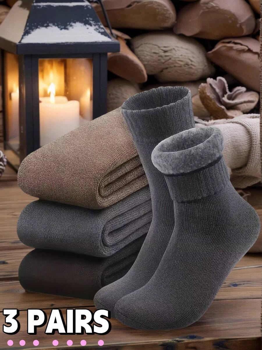 3 Pairs Men's Winter Warm Socks - Thick Fleece Blended Hiking Socks, Soft & Durable Cold-Proof Socks, Suitable For Outdoor Activities, Winter Socks, Solid Color Cold-Proof Cotton Socks - Multicolor - View 1