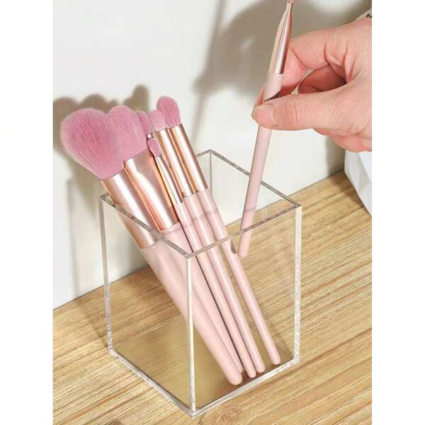 1pc Transparent Square Makeup Brush Holder - Durable Vinyl Countertop Storage With Multiple Compartments, Space-Saving Design For Bedroom, Bathroom, Travel - Ideal Gift For Teachers, Birthday, Wedding, Home & Office Decor, Makeup Brush Holder, Bathroom Storage, Modern Aesthetic, Sturdy Construction, Minimalist Design, High-Quality Material, Beauty Enthusiasts, Cosmetic Storage Box (Or) Skincare Storage Box
