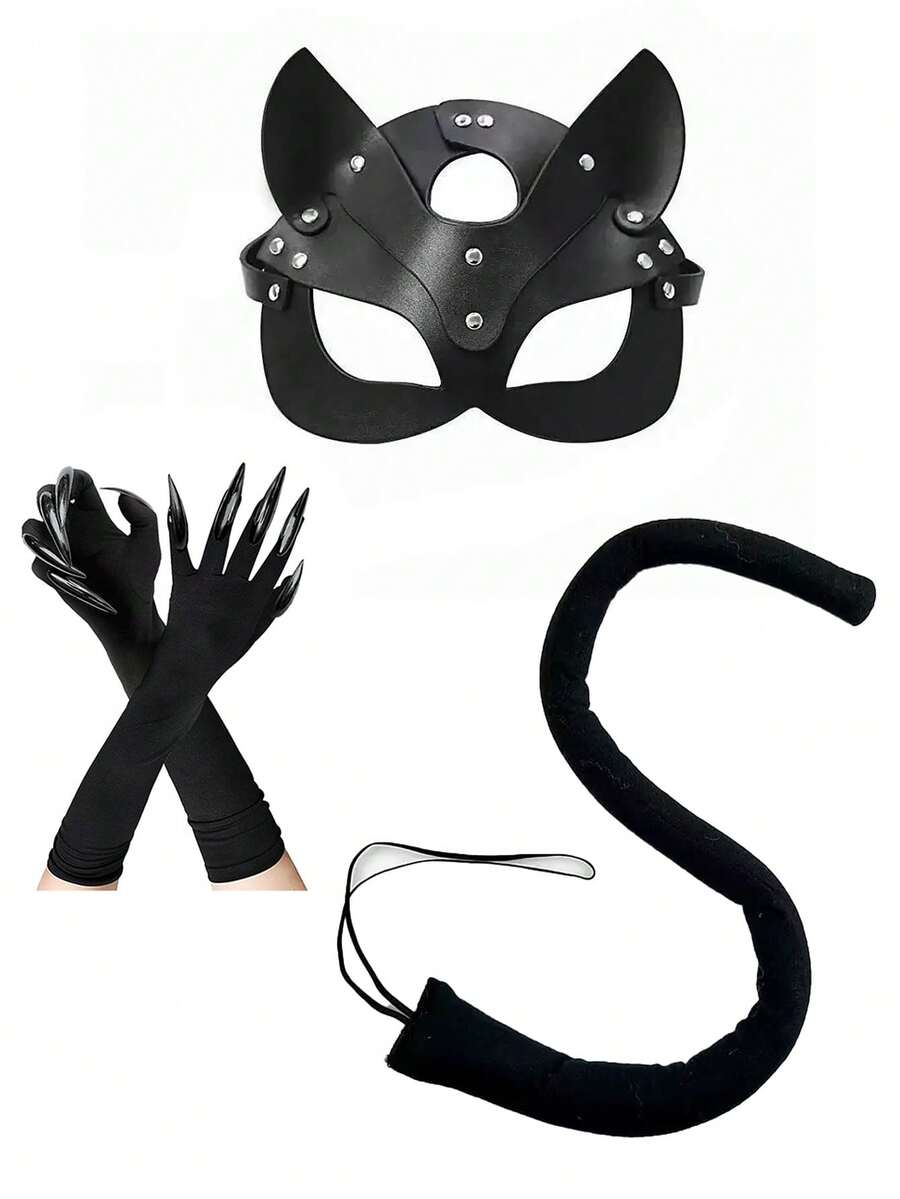3PCS Adult Women Cat Lady Costume Set - Black Cat Warrior Costumes Set. Clawed Gloves + Mask And Cat Tail. Very Suitable For Halloween Ghost Night And Other Large Dance Party Role-Playing And Themed Party Activities. - 彩色 - 查看 1
