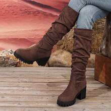 Damen Kniehohe Stiefel mit rundem Zehenbereich, dickem Absatz, Velourslederimitat und gerafftem Design, Kaffeebraun, modische Stiefel für Frühling, Herbst und Winter - Kaffeebraun - Übersicht 15