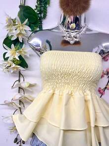 T110Cropped Elastic Blouse With Ruffle - Light Yellow - View 5
