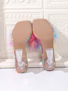 Nuevas sandalias de tacón alto asimétricas de cristal transparente para mujeres, con decoración de peluche, versátiles y elegantes para combinar con atuendos