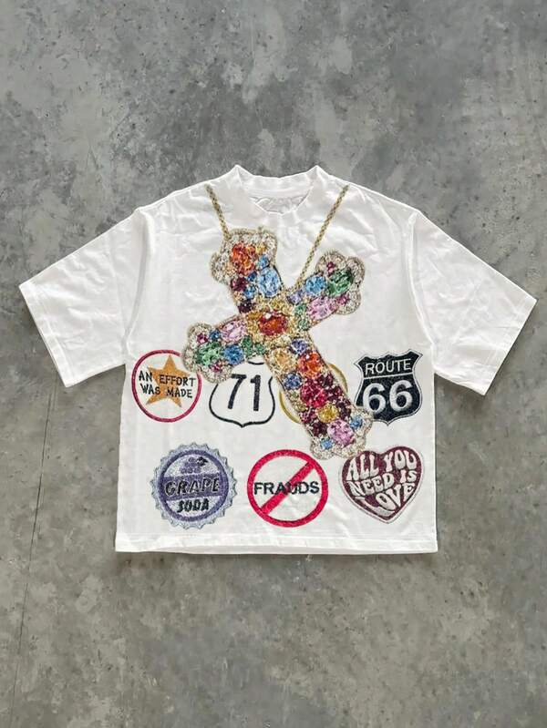 Camiseta oversize de cuello redondo con estampado de cruz y parche de estilo música festival callejero versátil de moda primavera verano para mujer en estilo Y2K