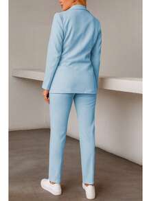 Conjunto elegante de blazer y pantalón de manga larga con cuello chal y doble botonadura para mujer, tejido elástico medio. - Neblina azul - Ver 4