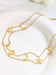 قلادة نسائية من الطبقتين بعنصر النجوم والقمر باللون الذهبي، قلادة خانق من الفولاذ المقاوم للصدأ بشكل النجوم والقمر، إكسسوار يومي متعدد الطبقات، هدية