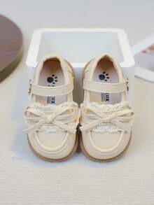 1 Pair Cute Beige Bow Infant Shoes, Soft Toddler Prewalker Shoes, Lace Decor English Style Baby Girl Shoes, Breathable Casual Princess Shoes, Outdoor Running Play Beige Leather Shoes For 1-5 Years Old Girls, Suitable For Home, Park, Social Occasions And More - Beige - View 6