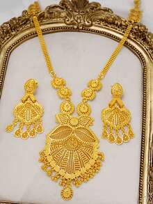Luxurious 2PCS Alloy Jewelry Set With 24K Gold Plating, Suitable For Arab Women To Wear For Weddings And Fashion, Including Earrings And A Necklace As A Gift. - Yellow Gold - View 4
