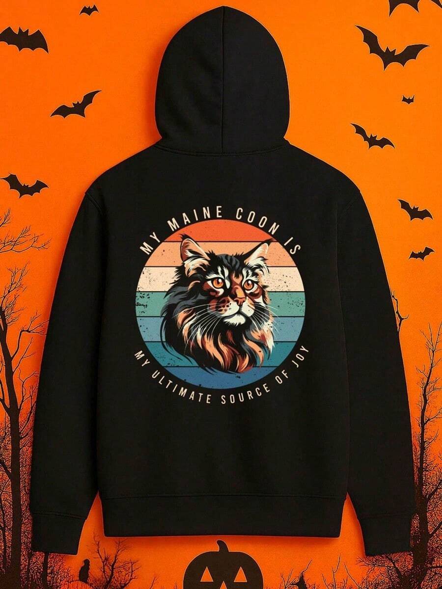 1pc Men'S Funny Maine  Cat Graphic Hoodie - My Maine  Is My Ultimate Source Of  Humorous Pet Lover Sweatshirt, Black Casual Streetwear Pullover With Digital Print, Comfortable Long Sleeve Hooded S,Fall Hoodies,Men's Fall Clothes,Street Wear,Halloween,Mens Hoodies,Y2k Clothes,Jesus Hoodie,Thanksgiving Day,Nightmare Before Christmas,Christmas - 黑色 - 查看 1