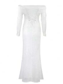 Love Aing White Off-Shoulder Mesh Sleeve Backless Sequin Maxi Dress For Wedding Party - White - View 11