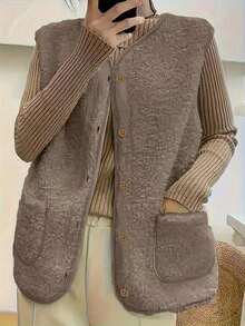 女式纯色羊羔绒双口袋单排扣休闲背心夹克，秋冬