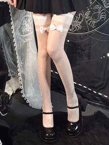 1 Pair Black Sexy Thigh High Stockings With Wide Ribbed Trim And Bow Accent