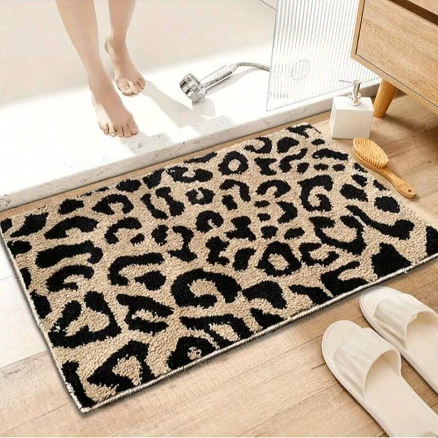 1pc Faux Wool Leopard Print Design Rectangular Doormat, Absorbent And Easy To Clean, Suitable For Bathroom, Toilet, Bedroom, Kitchen, Home Decor, All Season Christmas Decor Kitchen Rug