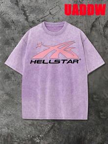 uaddw 100% Cotton Men's Street Retro Style Letters, Face Outline, Pink Meteor Flame Double-Sided Printing Vintage Washed T-Shirt, Fashionable And Casual, Suitable For Going Out Tops, Back To School, Street, Daily Wear, Men Clothes - Màu tím  Violet - Xem 2