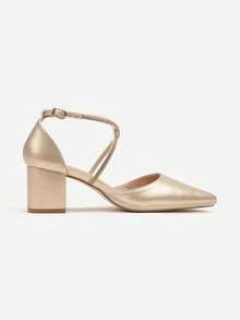 Elegant Pointed Toe Block Heel Pumps - Women's Evening/Party Shoes - Gold - View 3