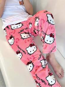 1pc Licensed By Sanrio Cute Hello Kitty Soft Plush Cartoon Pajama Pants Medium Thick Women's Pajama Pants, (Due To Size Differences Between Countries, Please Refer To The Size Chart And Purchase A Suitable Larger Size)Black Plush Warm Casual Home, Suitable For Spring, Autumn, Fall & Winter