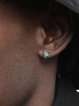 1 Pair Fashionable Korean Style Colorful Love Heart Cubic Zirconia Stud Earrings, Unisex Jewelry Accessory