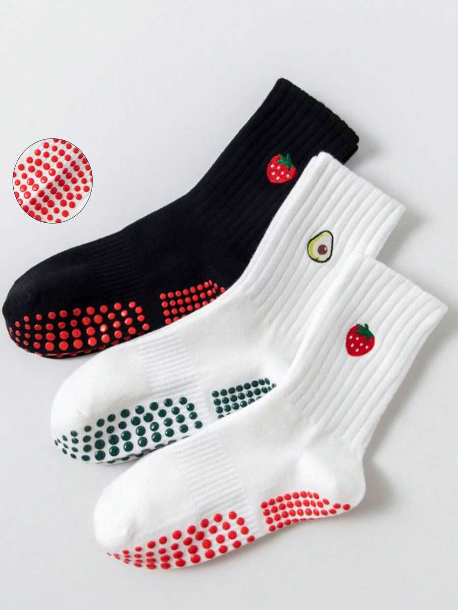 1/2/3 Pairs Women's Pilates Non-Slip Yoga Socks, Grip Socks With Traction, Neutral Hospital Socks, Ankle Support, Shock-Absorbing Sports Socks, Soft And Comfortable All-Season Grip Socks, Cute Embroidered Strawberry, Avocado, Cherry Patterns, White Socks - Multicolor - View 1