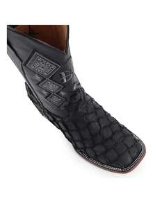 Bota Vaquera Hombre Piel De Pescado Natural Alta Calidad Cuero Auténtico Ajuste Perfecto Comodidad Superior Montura Equitación Invierno Estilo Urbano - Negro - Ver 6