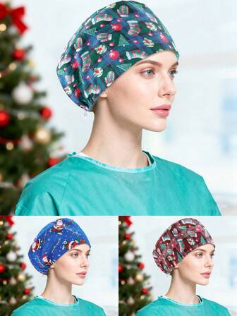 1pc Adjustable Santa Claus Printed Polyester Fiber Christmas Hat, Suitable For Men, Women, Dentists, Pet Shops, Caregivers, Home, Office, All Seasons