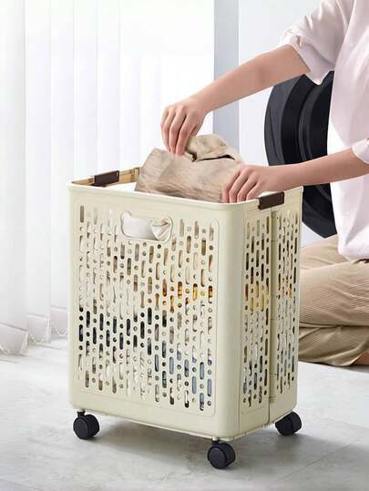 Cesto de roupa dobrável moderno com rodas, para estocar no final do ano, adequado para o inverno, grande cesto multifuncional para roupas e armazenamento doméstico, cesto de roupa retangular de plástico para banheiro, varanda e organização doméstica, design sem forro e fácil de guardar