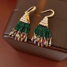 1 Piece Of Fashion Temperament Light Luxury Style Crystal Tassel Long Earrings  Splicing Handmade High-End Sense Retro Niche Design Temperament Earrings Earrings Women's Party Banquet Holiday Gift - 綠色 - 查看 2