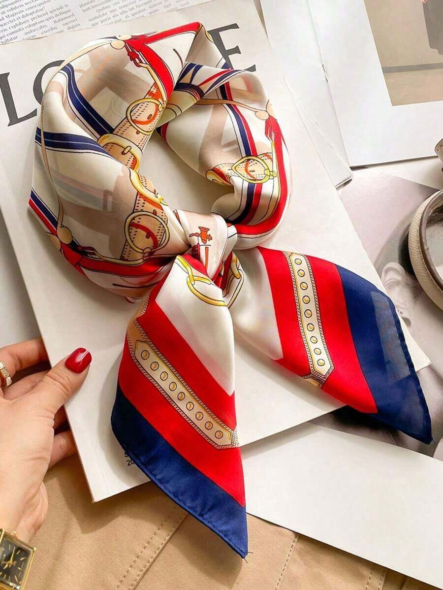 1pc Women's Luxury Patterned 27.5" X 27.5" Silk Bandana Scarf, Elegant Fashion Design, Versatile Neck Wrap, Hair Band, And Headband, Ideal For Daily Wear, Casual Outfits, And Chic Styling, Lightweight And Stylish Accessory - Blue Red - View 1