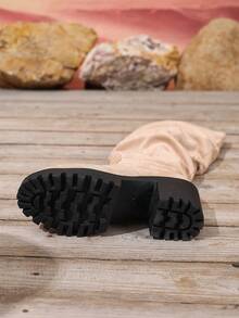 女士圆头粗跟仿麂皮褶皱设计长靴 - 高筒靴 - 坡跟厚底过膝长靴，复古风、休闲风、优雅风、通勤风、商务休闲风、派对风、性感风、西部风，女士靴子 - 米色 - 查看 7