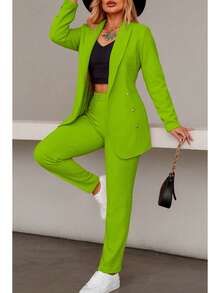 Elegante conjunto de traje liso de manga larga con cuello chal y doble botón para mujer, con bolsillos, para oficina y trabajo. - Verde Lima - Ver 2