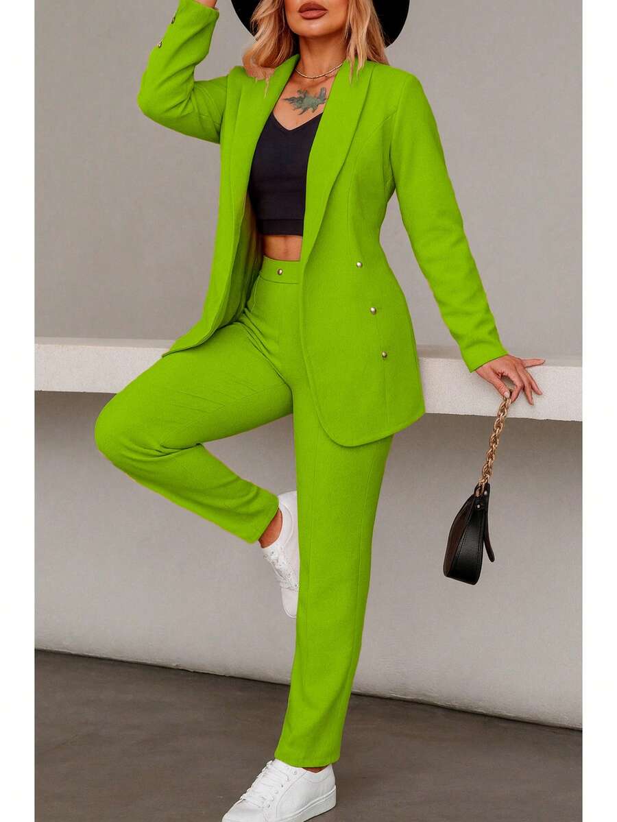 Elegante conjunto de traje liso de manga larga con cuello chal y doble botón para mujer, con bolsillos, para oficina y trabajo.