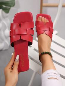 Sandale noi pentru femei, mărime plus, cu vârful deschis, cu gol, casual, plate, design minimalist confortabil, versatile, potrivite pentru plajă, vacanță, vară - roșu - Vizualizare 1