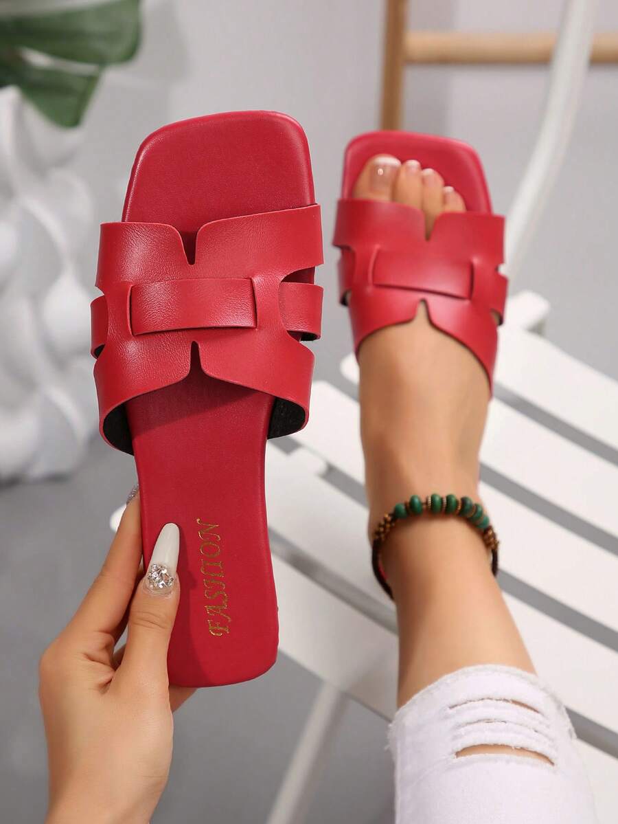 Sandale noi pentru femei, mărime plus, cu vârful deschis, cu gol, casual, plate, design minimalist confortabil, versatile, potrivite pentru plajă, vacanță, vară - roșu - Vizualizare 1