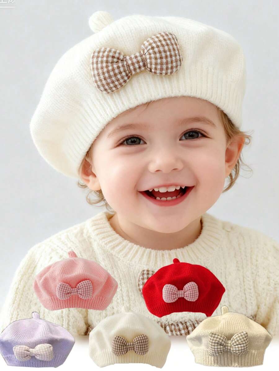 1pc Solid Color Knit Beret Hat For Baby Girls, Korean Style Infant Princess Artist Painter Cap - Multicolor - View 1
