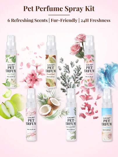 GJYC PET Pet Cologne Sampler Kit For Dogs & Cats - 6 Scents (3ml/0.1 Fl Oz Each) | Trial Size Travel-Friendly Dog & Cat Perfume Spray | Vet-Recommended Fresh Scents: Coconut, Cedar, Rose, Sakura, Ocean Zephyr & Apple