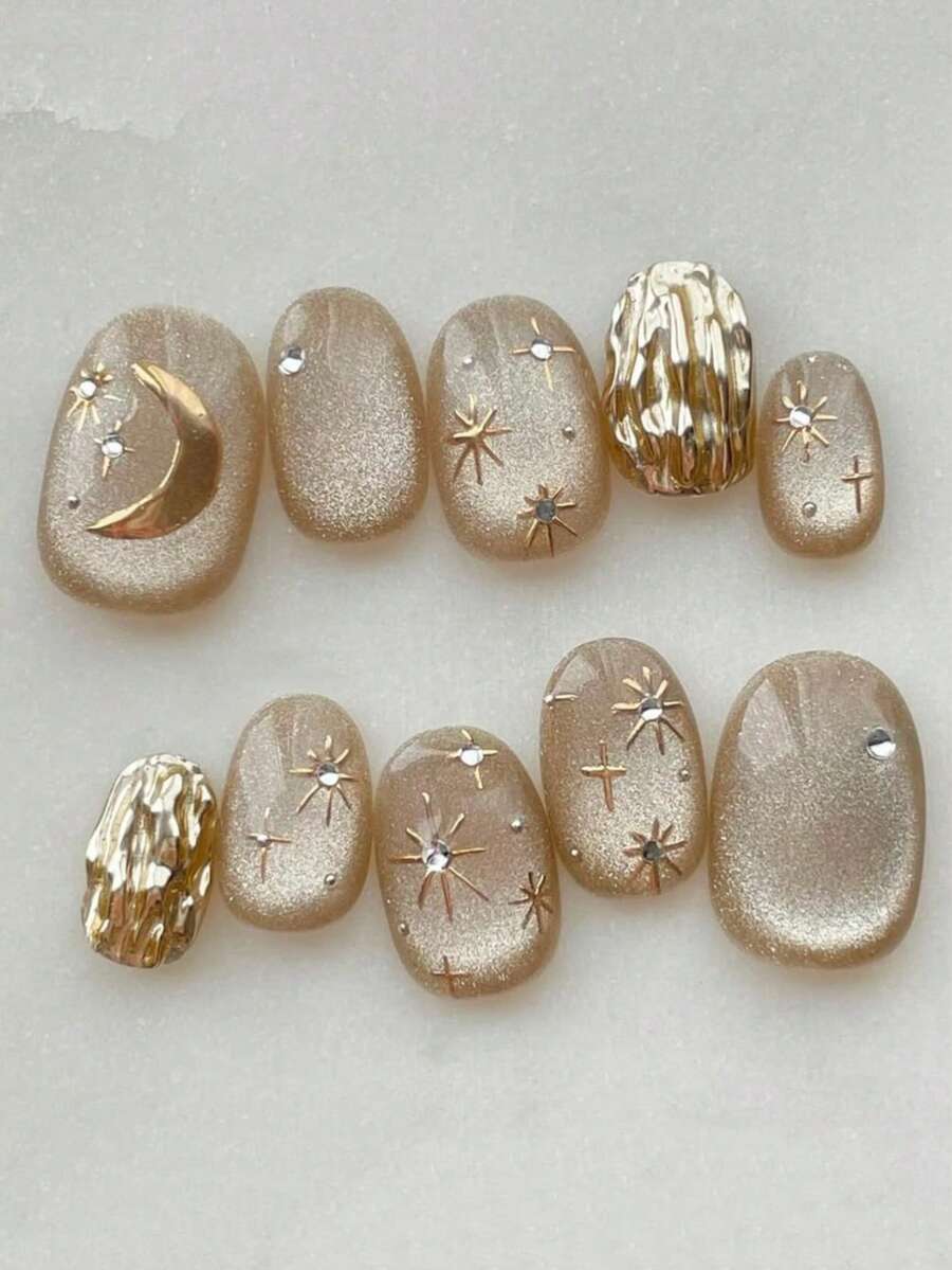 10 Pegatinas de uñas con forma de almendra en color dorado con patrones de estrellas y lunas, adecuadas para uso diario y festivo, reutilizables, ideales para mujeres y niñas, adorables pegatinas de uñas.