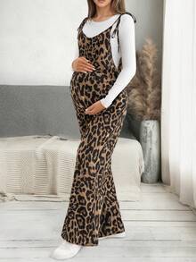 Maternity Leopard Print Sleeveless Jumpsuit, Adjustable Straps, Polyester, Elegant & Comfortable Versatile, Suitable For Daily Wear, Home, And Layering Summer Vacation - Coffee Brown - View 5