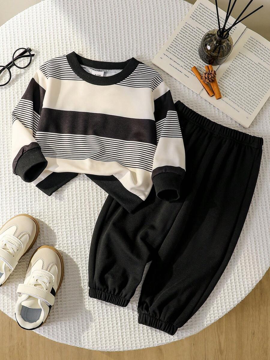 2 件套婴幼儿男童条纹圆领长袖上衣和休闲裤套装，时尚运动装，春秋季 - 黑色 - 查看 1