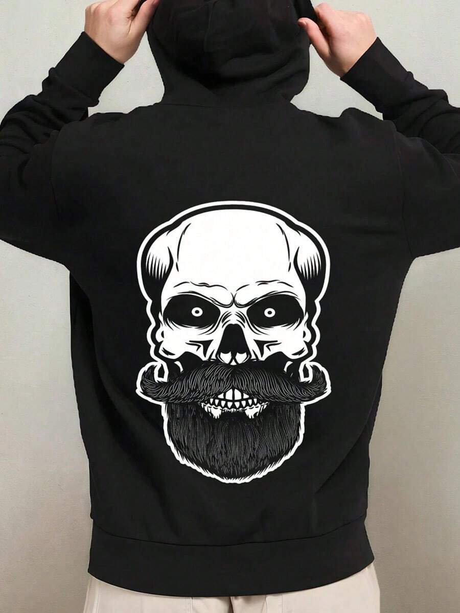 1-Pack Men's Funny Gothic Victorian Vampire Skull & Mustache Graphic Hooded Sweatshirt - Oversized Comfortable Pullover Hoodie With Drawstring Hood, Long Sleeve Casual & Athletic Wear, Machine Was,Fall Hoodies,Men's Fall Clothes,Street Wear,Halloween,Mens Hoodies,Y2k Clothes,Jesus Hoodie,Thanksgiving Day,Nightmare Before Christmas,Christmas - Black - View 1