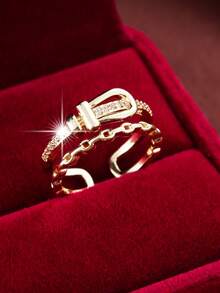 1pc Adjustable Leather Belt Buckle Design Artificial Zirconia Women Ring