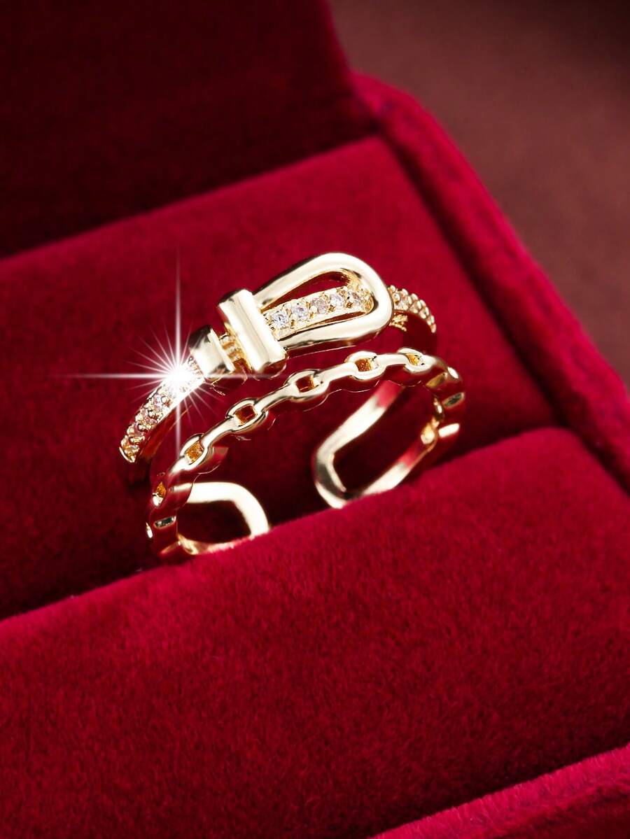 1pc Adjustable Leather Belt Buckle Design Artificial Zirconia Women Ring