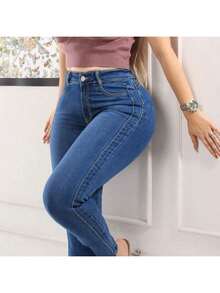 提臀修身牛仔裤，凸显身材曲线，适合度假和外出穿着 - 藍色 - 查看 5