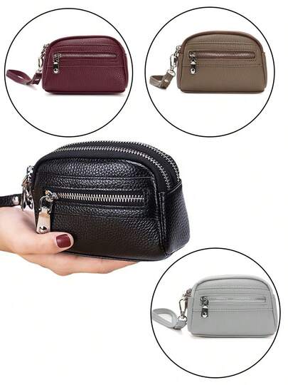 1 pieza Monedero de cuero genuino - Estilo de moda con cierre de triple cremallera forrado de poliéster - Se limpia con toallita húmeda Incluye correa de muñeca Disponible en múltiples colores para cartera de hombre, mini cartera, monedero, cartera pequeña, cartera de hombre, cartera de muñeca de cuero
