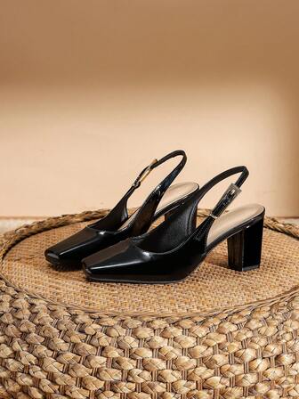 1 双女式黑色带扣粗跟方头高跟鞋，多色可选，时尚休闲和正式日常穿着鞋，适合派对、购物、春季、夏季、秋季