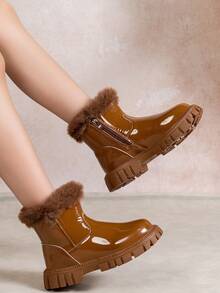 Brown Patent Leather Girls Ankle Boots For 6-18 Years, 2025 Winter New Boots Waterproof Breathable All-Leather, Fleece-Lined Warm Princess Boots With Fur Trim, Fashion Short Dress Boots For Teens And Kids