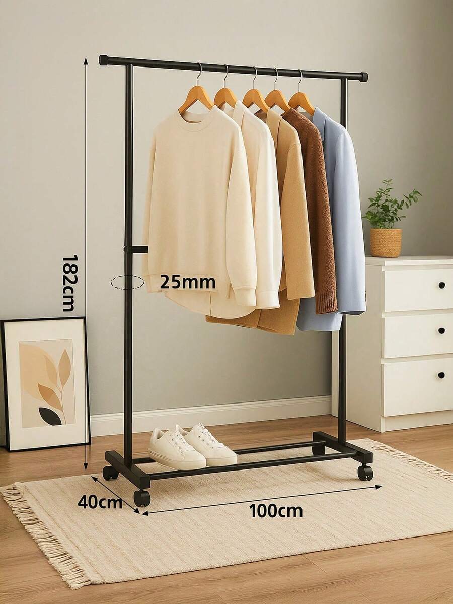A Simple Clothes Rack With Wheels For Easy Movement, Floor-Standing Folding Balcony Single-Pole Clothes Drying Rack, Home Bedroom Clothes Rack - Black [182x100] - View 1