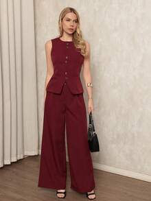 Women's Tailored Set Wide Leg Pant With Vest Elegant Casual Plain Social Simple Button Pocket Plain Women's Suit, High-Waisted Straight Casual Pants, V-Neck Cardigan, Sophisticated Look, High Quality, Modern Look, Versatile Piece, Elegant Style, Two-Piece Set, Casual Chic Look, Comfortable And Stylish, Skirt With Pockets, Elastic Waistband, Eye-Catching Piece, Perfect For Spring And Summer, Blogger Style, Casual And Formal, Suitable For All Occasions, Elegant And Fresh, Feminine Look, Summer 2025 Collection. - Màu Đỏ Sâu - Xem 1